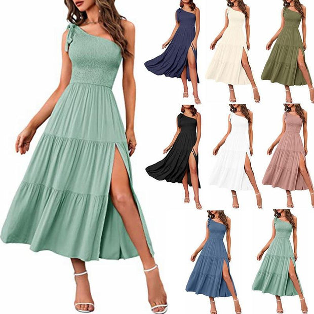 New Summer Fashion Women's One-shoulder Pleated Layered Hem Split Dress - Deck Em Up