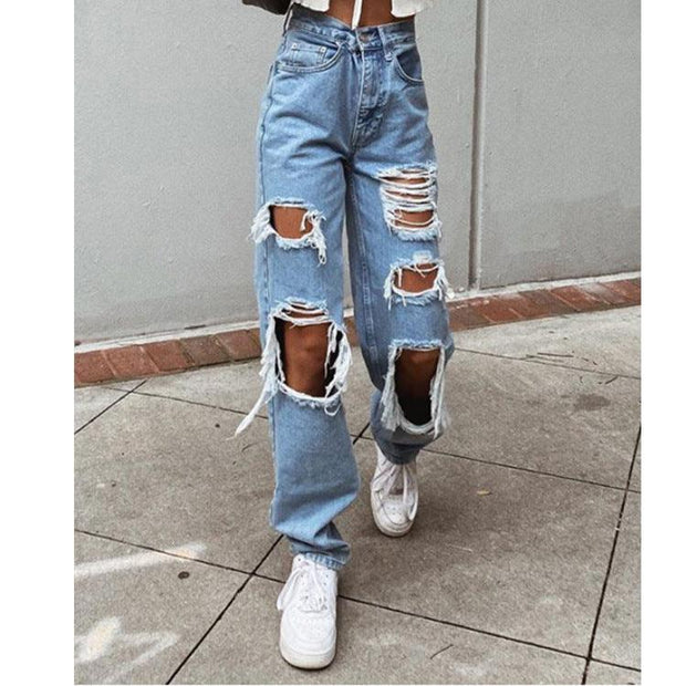 Women Jeans Ripped Slimming Washed Women's Jeans Trousers Cut Shredded Frills - Deck Em Up