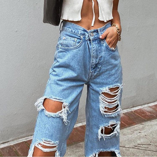 Women Jeans Ripped Slimming Washed Women's Jeans Trousers Cut Shredded Frills - Deck Em Up