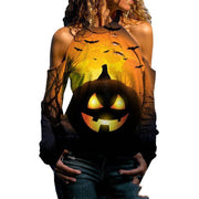 Halloween Off Shoulder Printed Top Womens Casual Loose Stitching Long Sleeved T Shirt - Deck Em Up