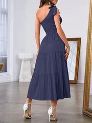 New Summer Fashion Women's One-shoulder Pleated Layered Hem Split Dress - Deck Em Up