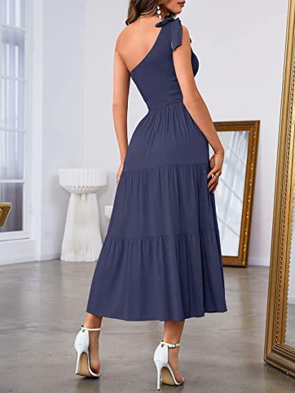 New Summer Fashion Women's One-shoulder Pleated Layered Hem Split Dress - Deck Em Up