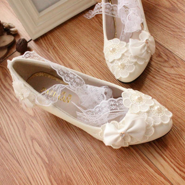 White Bow Ribbon Bridesmaid Wedding Dress Shoes - Deck Em Up