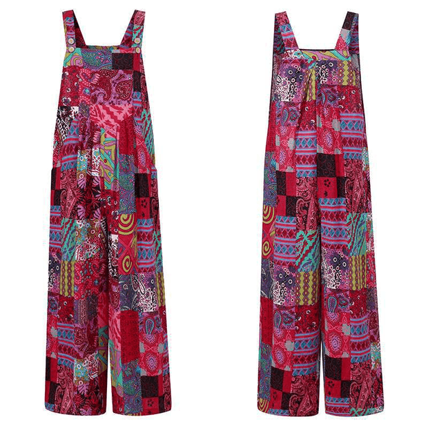 New Women's Ethnic Style Suspender Button Printing Jumpsuit - Deck Em Up