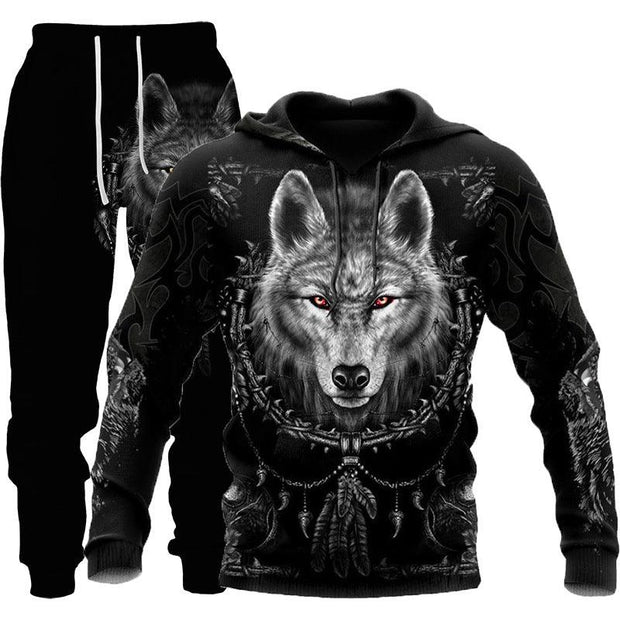 3D Wolf Print Tracksuit Men Sportswear Hooded Sweatsuit Two Piece Outdoors Running Fitness Mens Clothing Jogging Set - Deck Em Up