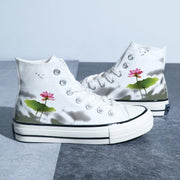 Chinese Style Canvas Shoes Retro Landscape Painting Lotus Pond Bamboo Forest Student High-top Board Shoe - Deck Em Up